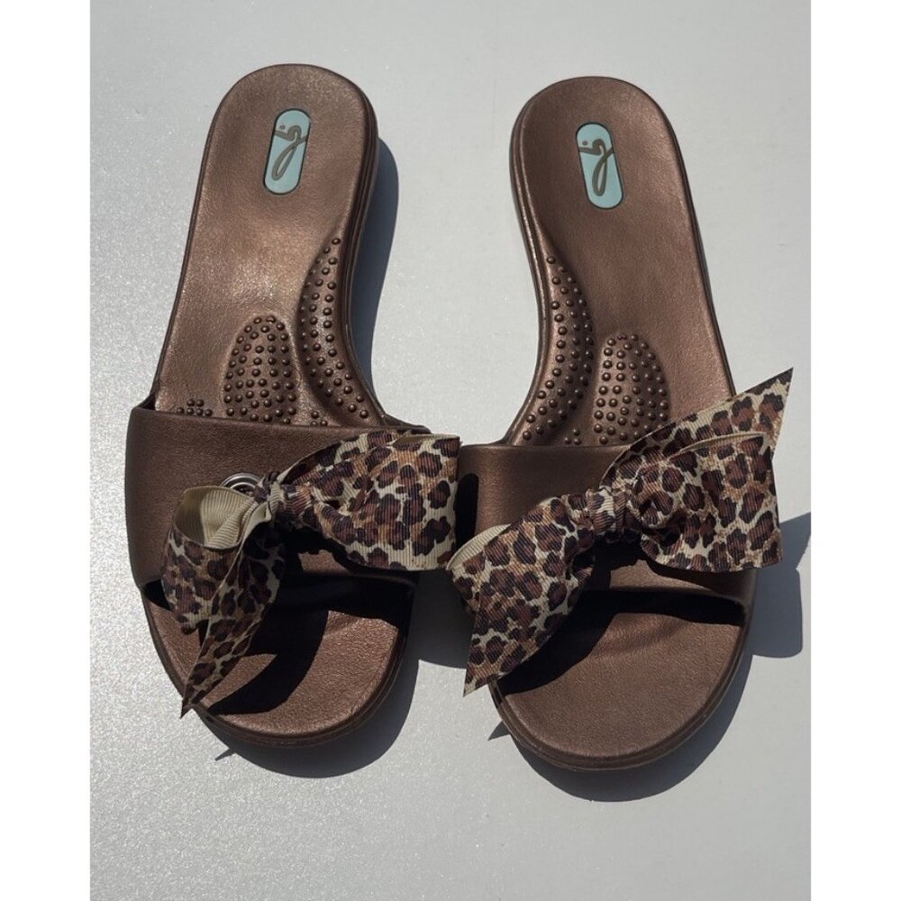 OKABEE FLIP FLOPS  COPPER WITH Leopard print Tie SIZE ML 8/9 RARE USA Made